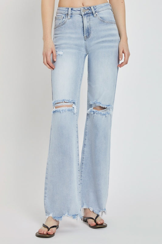 Risen High Rise Distressed Wide Leg Jeans