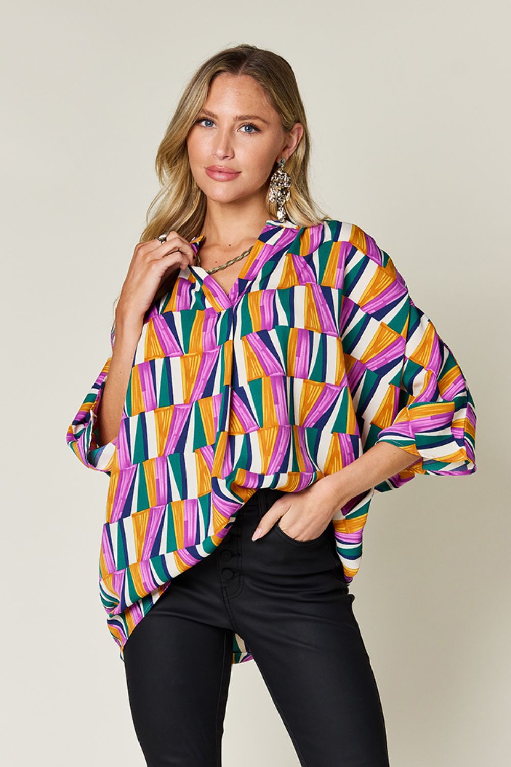 Double Take Geometric Notched Raglan Sleeve Blouse