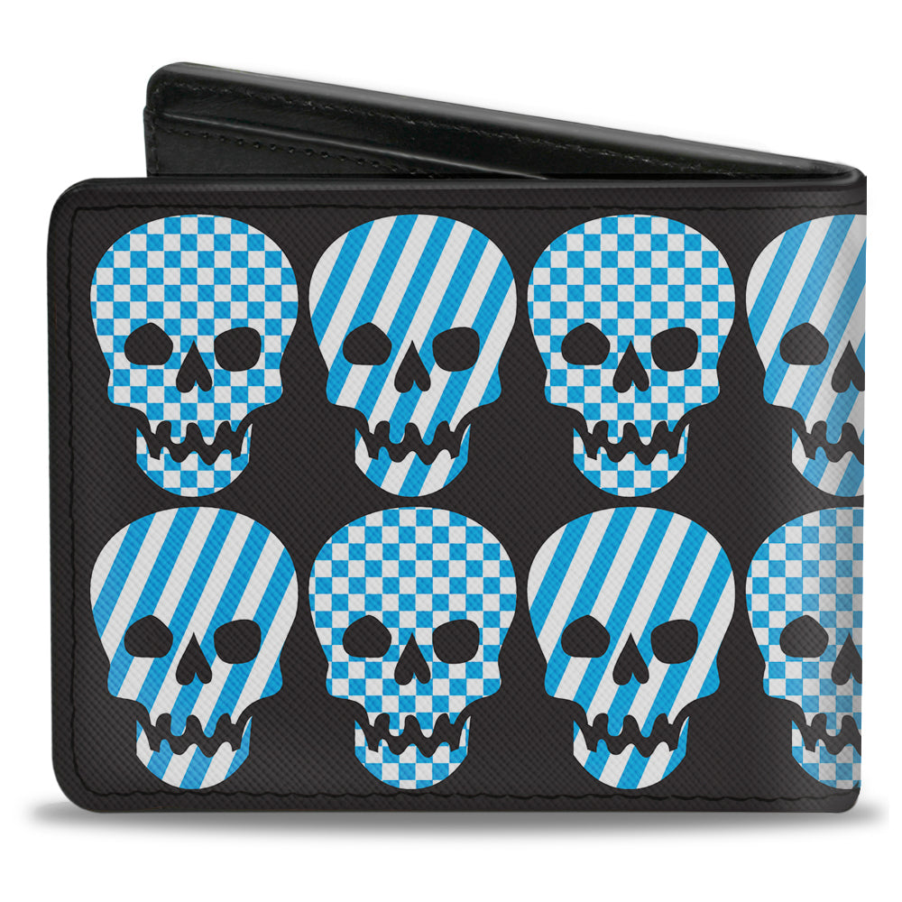 Bi-Fold Wallet - Checker & Stripe Skulls Black White Baby Blue