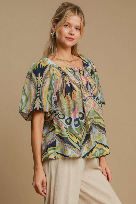 Umgee Abstract Print Smocked Square Neck Puff Sleeve Blouse