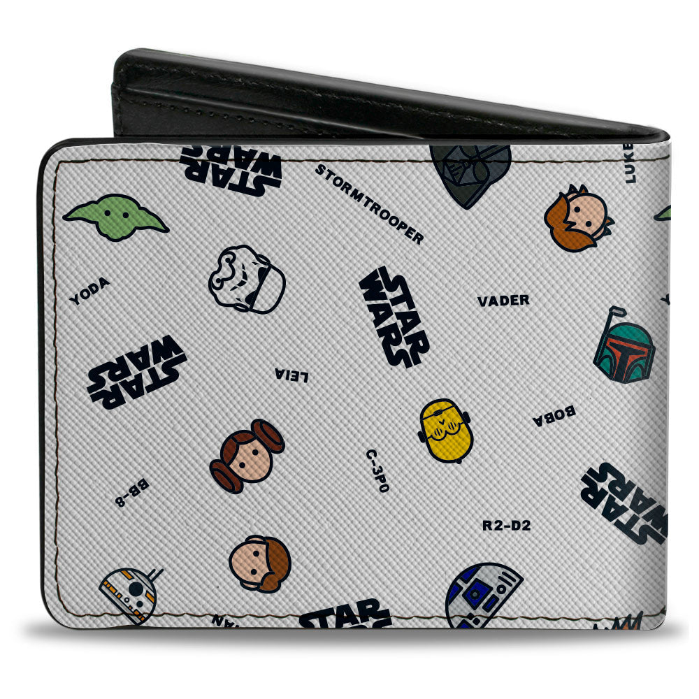 Bi-Fold Wallet - STAR WARS Character Faces and Names Scattered White Black