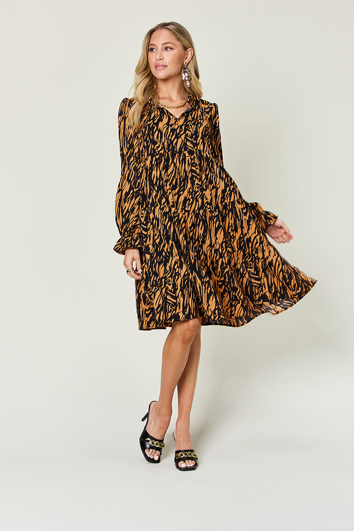 Double Take Printed Ruffle Hem Long Sleeve Dress