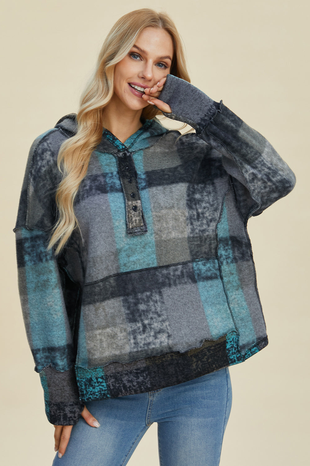 Double Take Plaid Dropped Shoulder Hoodie