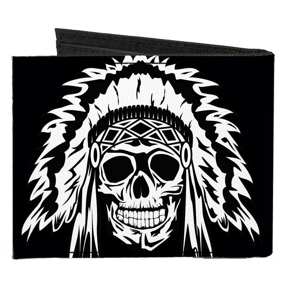 Canvas Bi-Fold Wallet - Native American Skull Black White