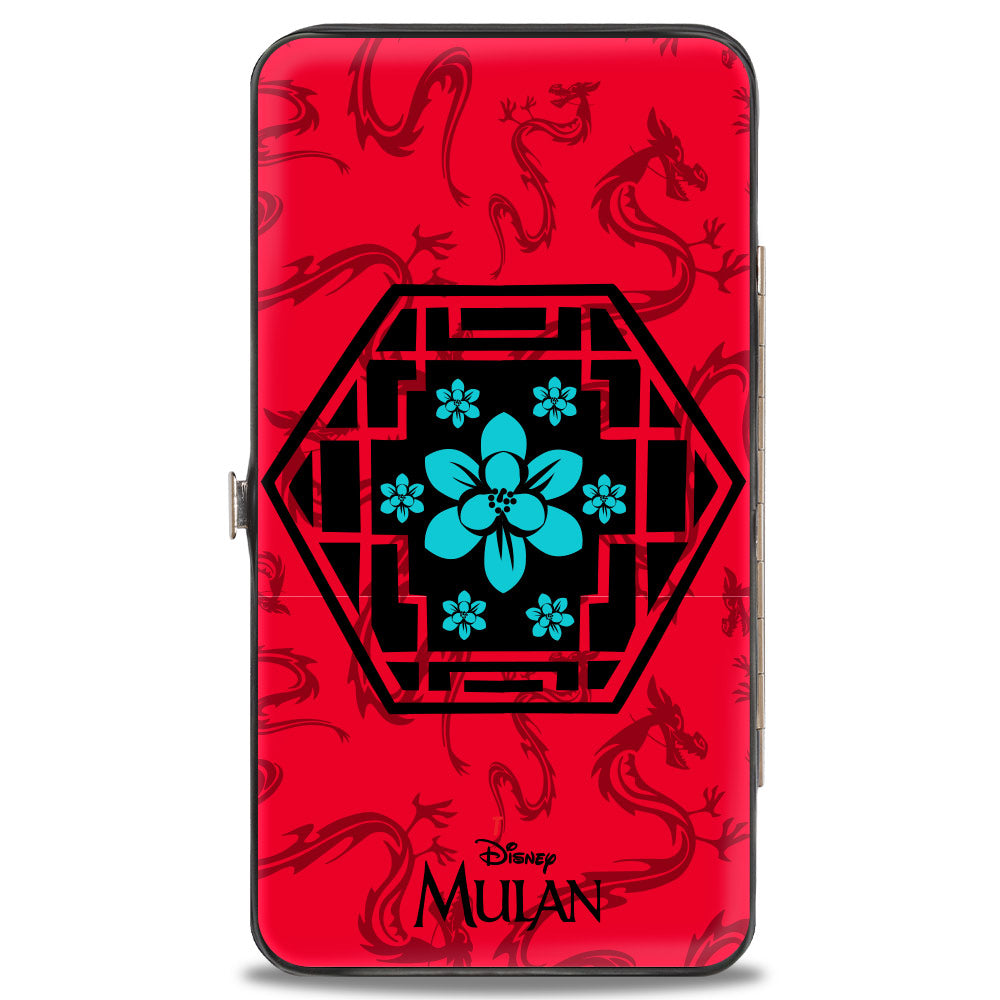 Hinged Wallet - Mulan Flower Lattice Mushu Icons Scattered Reds Black Blue