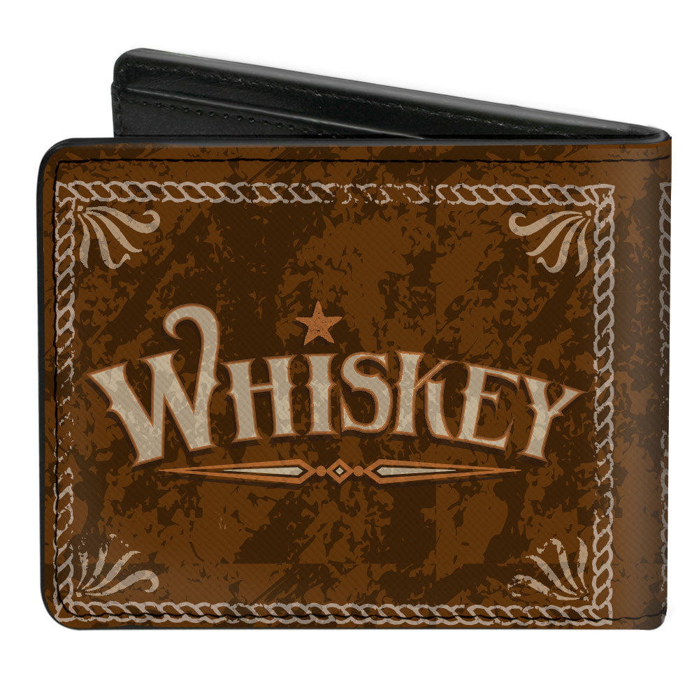 Bi-Fold Wallet - Western WHISKEY Star with Text Shadow Repeat Browns Tan