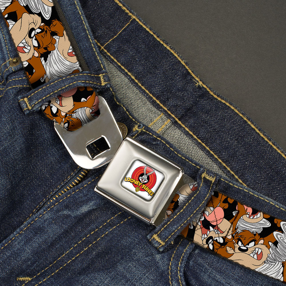 Looney Tunes Logo Full Color White Seatbelt Belt - Tasmanian Devil Vortex Poses Stacked Black Webbing