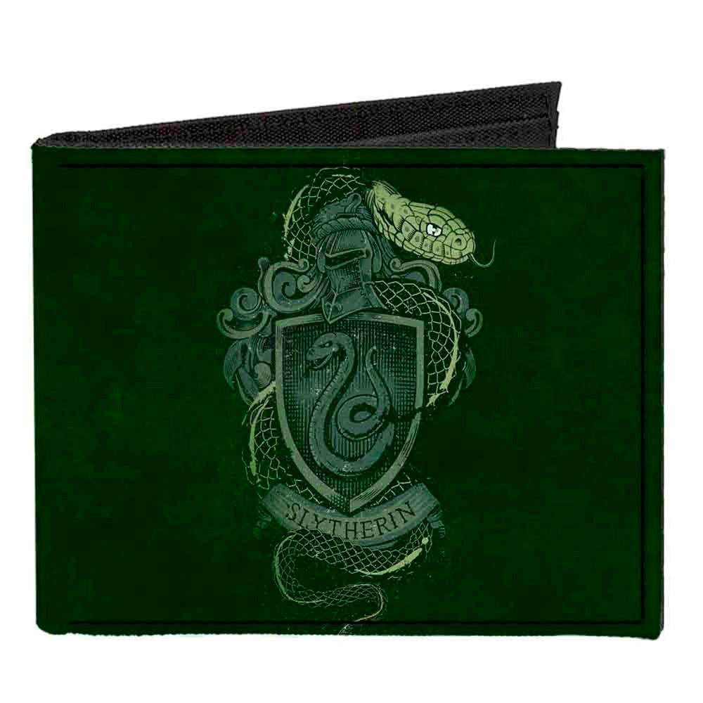 Canvas Bi-Fold Wallet - SLYTHERIN Serpent Crest + AMBITION PRIDE CUNNING Banner Greens Golds