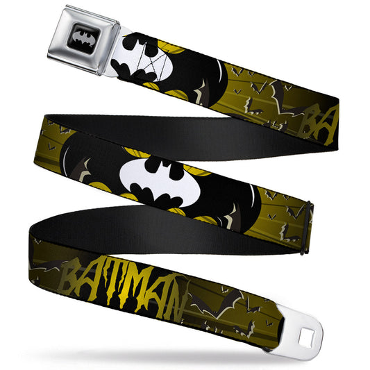 Batman Black Silver Seatbelt Belt - BATMAN w/Bat Signals & Flying Bats Yellow/Black/White Webbing