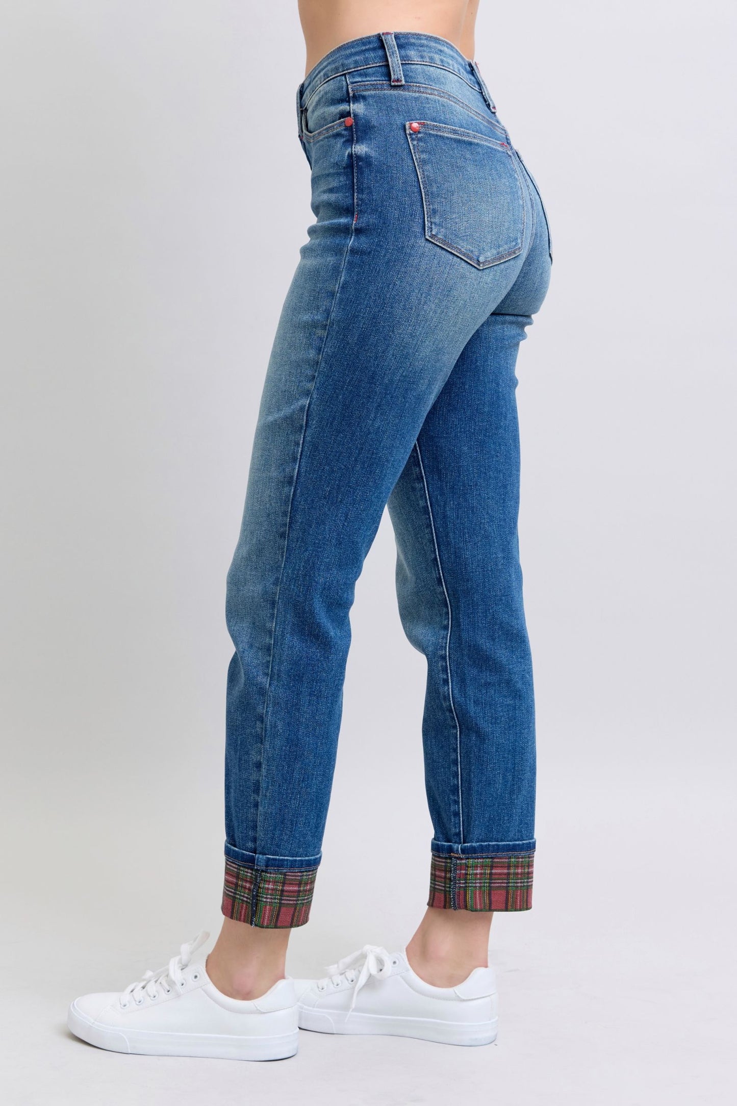 Judy Blue Plaid Print Cuff Straight Leg Jeans with Pockets