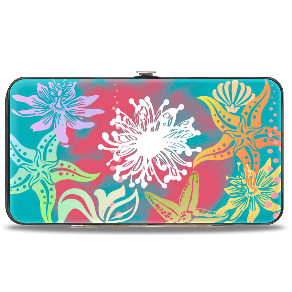 Hinged Wallet - Ariel Pose Silhouette Shells & Sea Flowers Collage Aqua Blue Multi Color