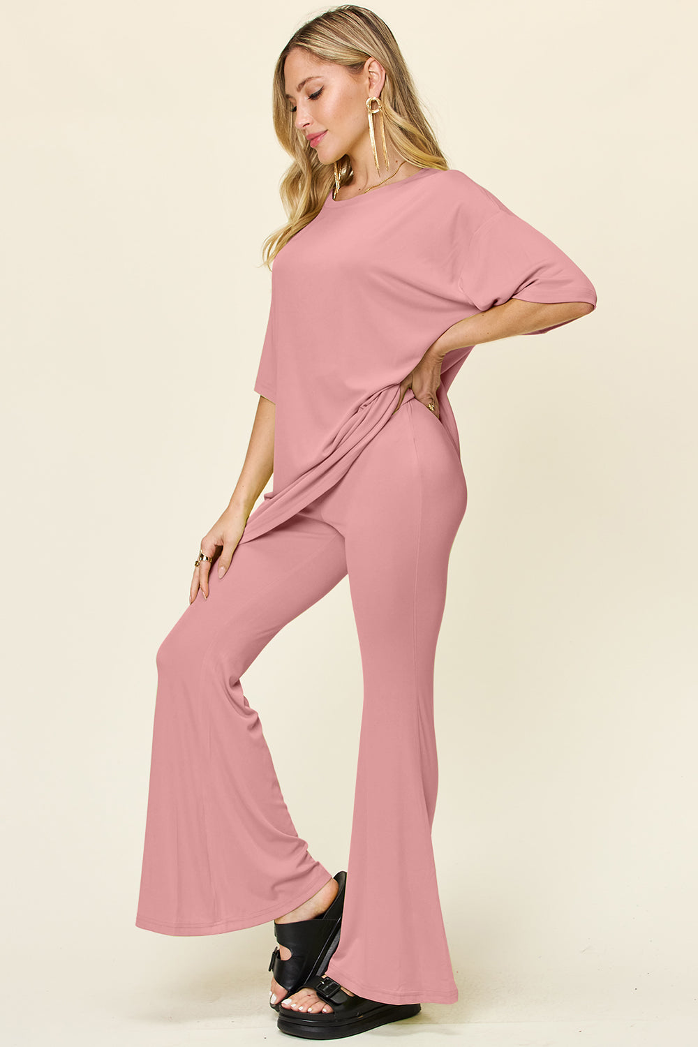 Double Take Round Neck Drop Shoulder T-Shirt and Flare Pants Set