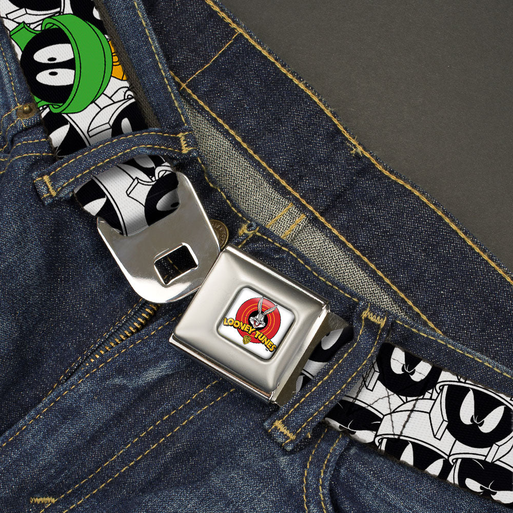 Looney Tunes Logo Full Color White Seatbelt Belt - Marvin the Martian Expressions Stacked White/Black/Green/Gold Webbing