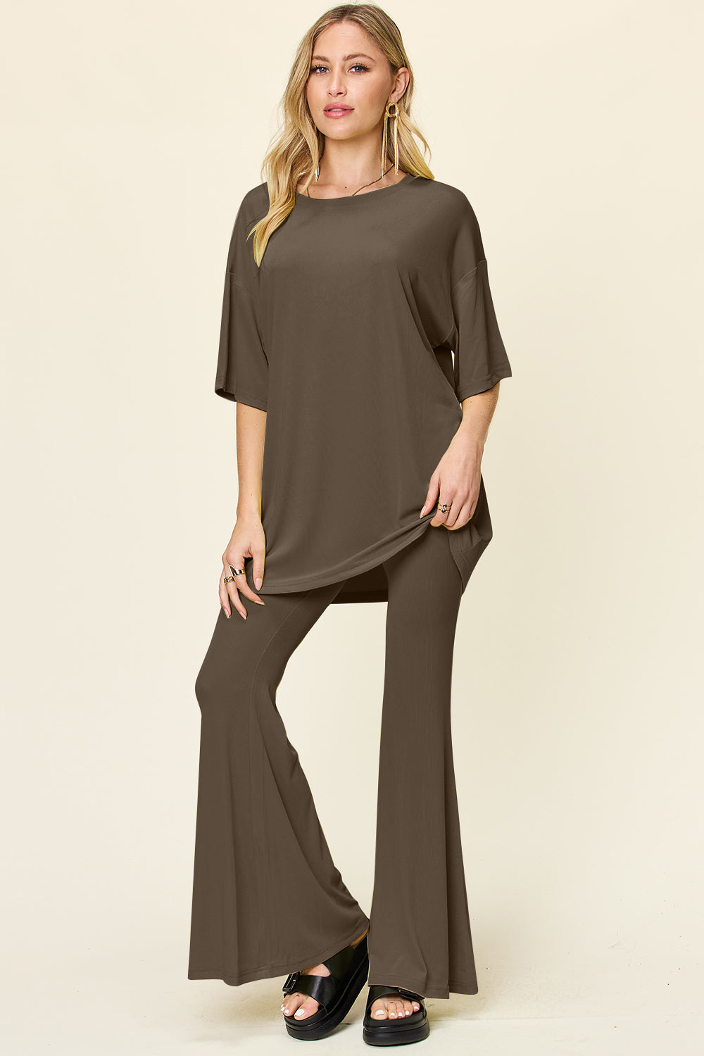 Double Take Round Neck Drop Shoulder T-Shirt and Flare Pants Set