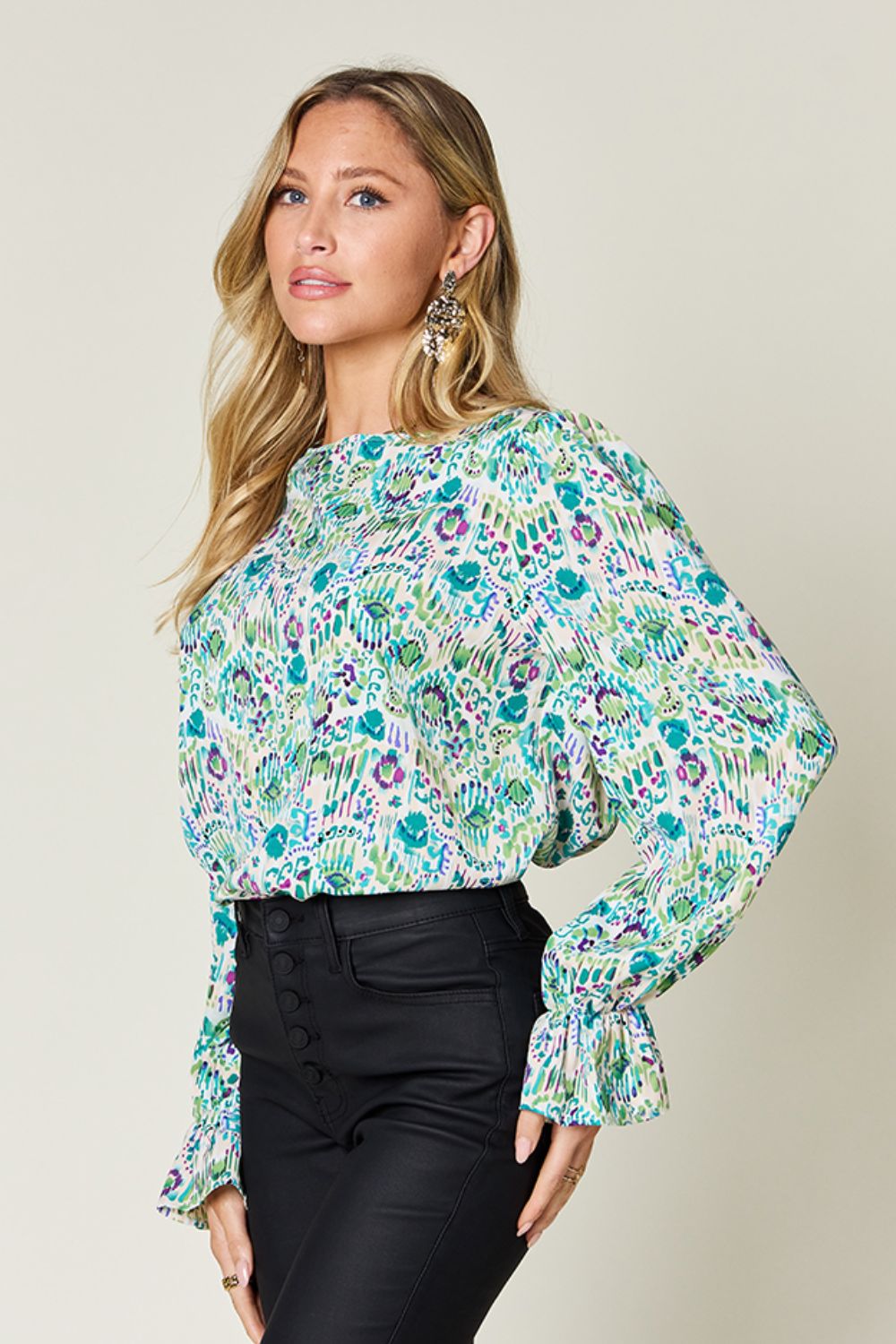 Double Take Printed Flounce Sleeve Blouse