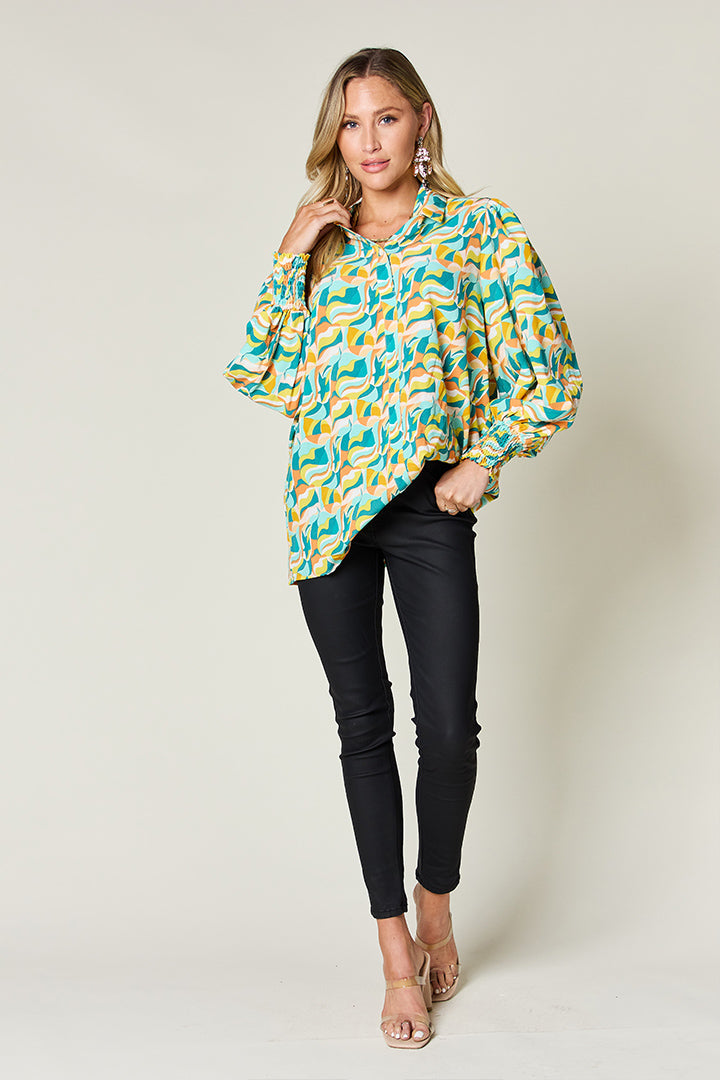 Double Take Printed Smocked Long Sleeve Blouse