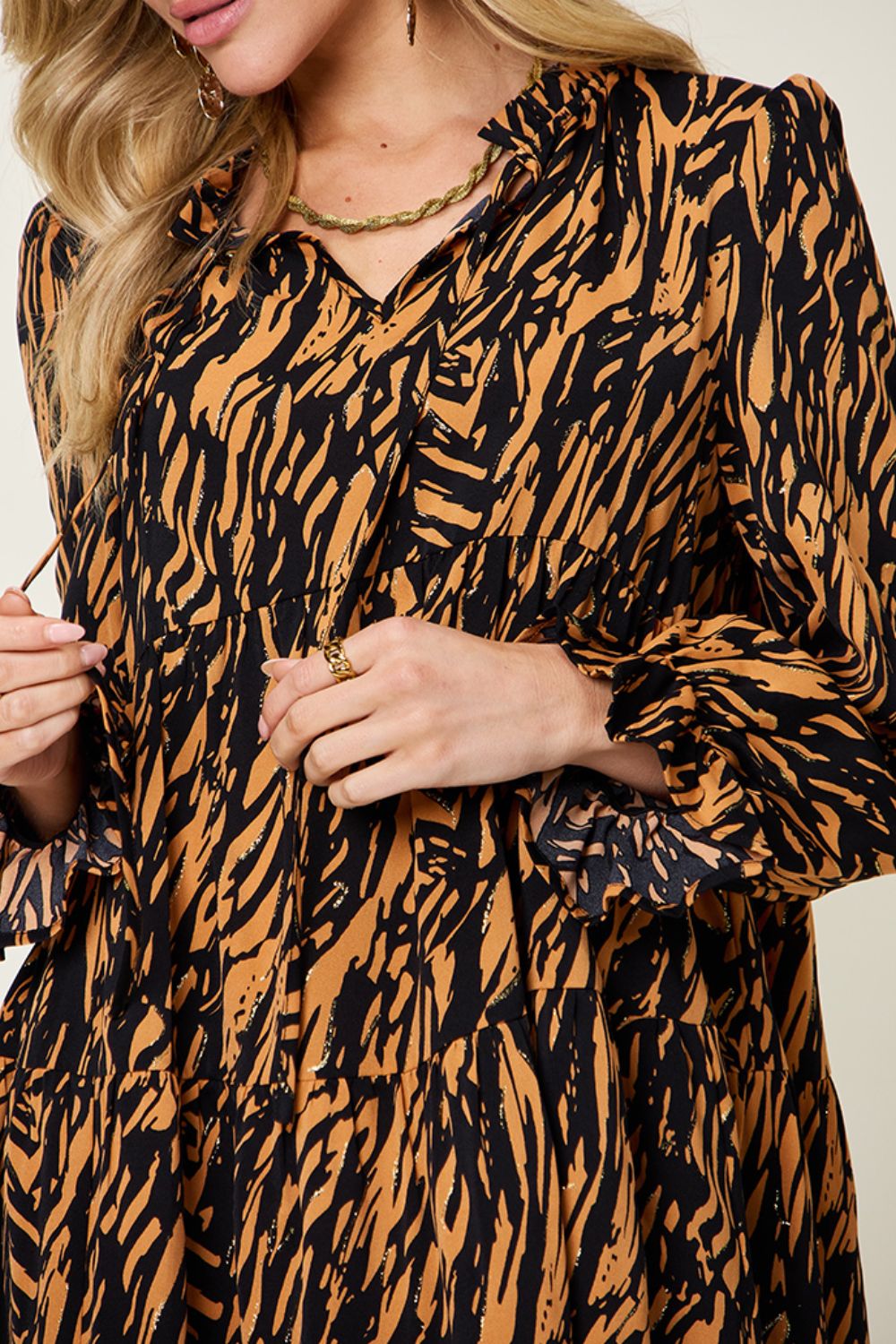 Double Take Printed Ruffle Hem Long Sleeve Dress