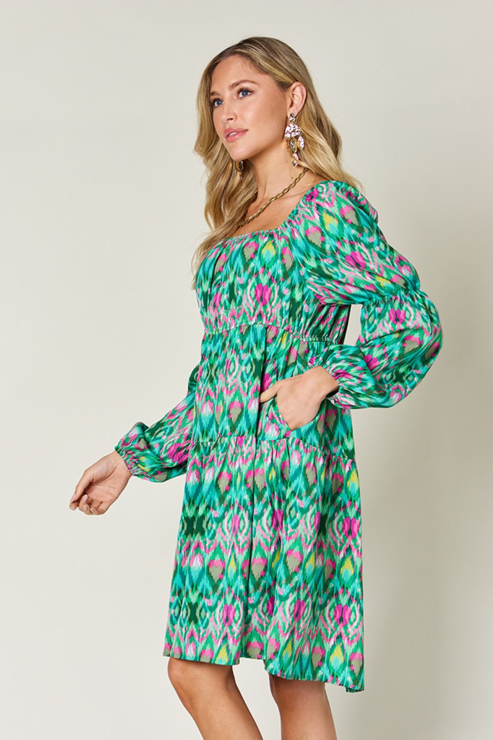 Double Take Printed Long Sleeve Dress