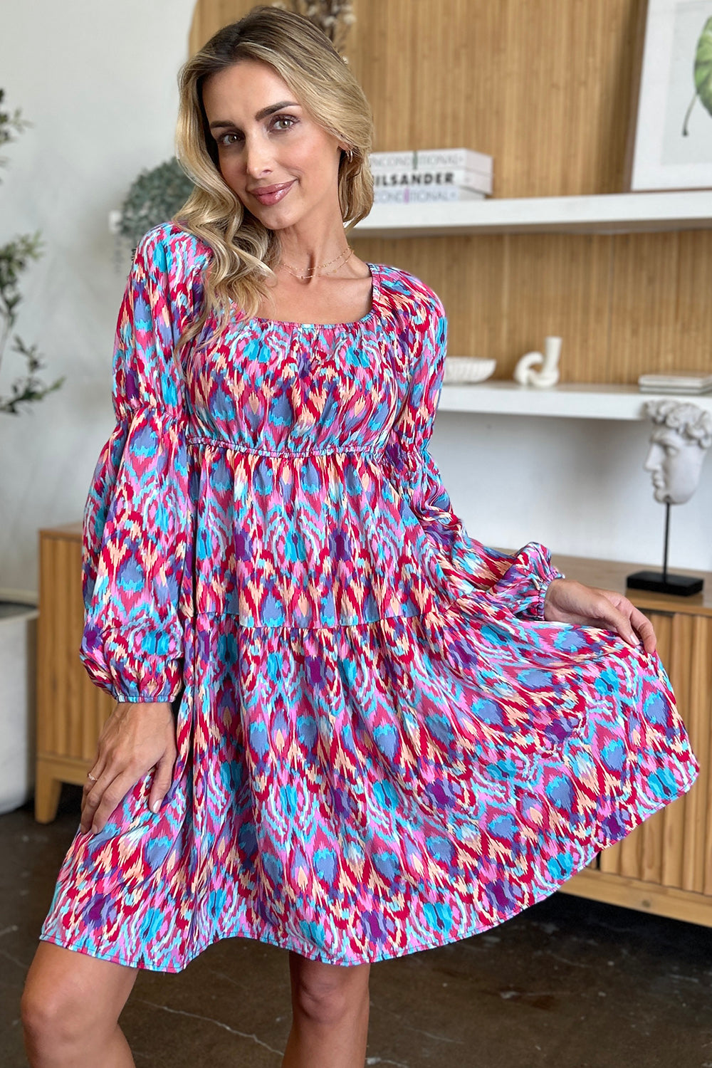 Double Take Printed Long Sleeve Dress