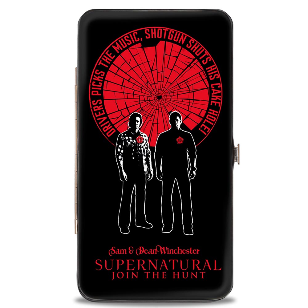 Hinged Wallet - SUPERNATURAL SAM & DEAN WINCHESTER Pose DRIVER PICKS THE MUSIC Shattered Glass Black Red White