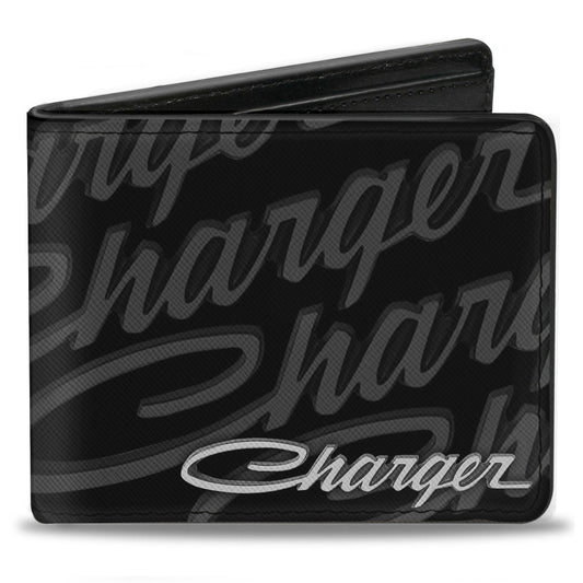 Bi-Fold Wallet - CHARGER Script Emblem Repeat Corner Black Grays White