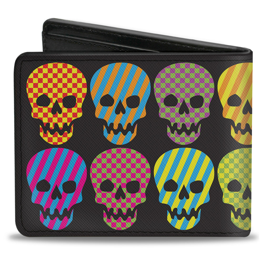 Bi-Fold Wallet - Checker & Stripe Skulls Black Multi Neon