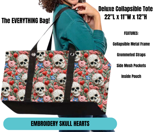 Preorder! Closes 11/18. ETA Feb. Embroidery Skull Hearts Collapsible Tote