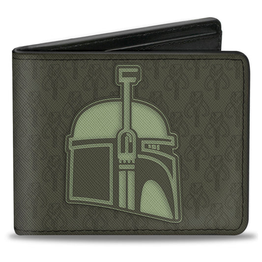 Bi-Fold Wallet - Star Wars Boba Fett Helmet + Mandalorian Crest Kyr'bes Skull Monogram Greens