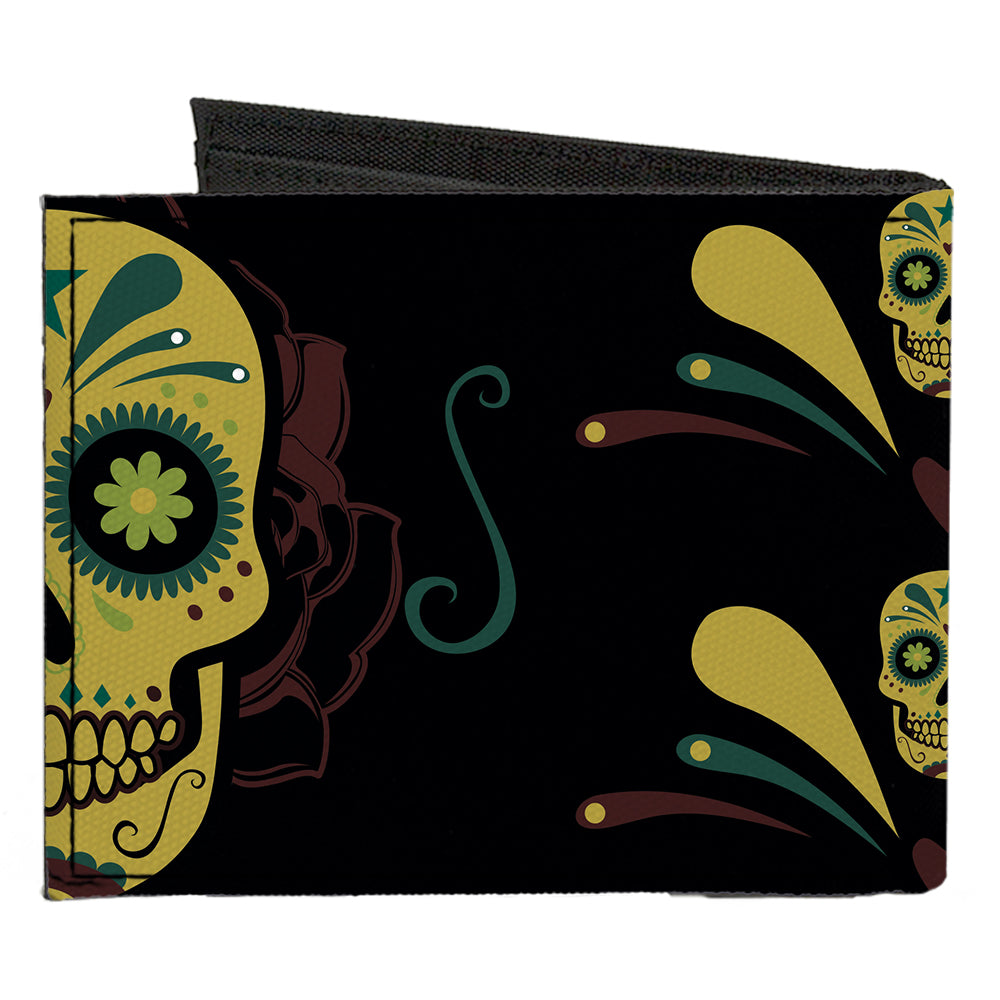 Canvas Bi-Fold Wallet - Sugar Skulls Black Olive Burgundy