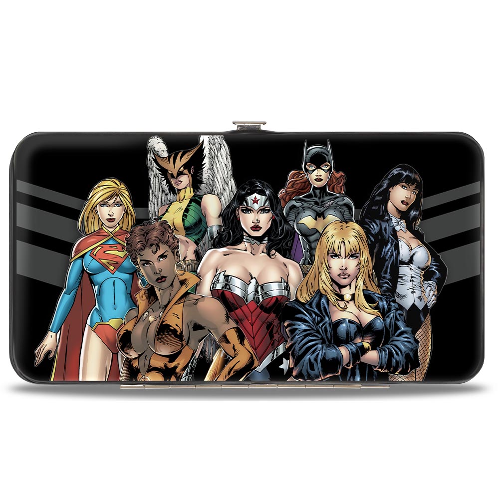 Hinged Wallet - Justice League 7-Superheroine Group Pose + RELAX WE GOT THIS Stripe Black Gray