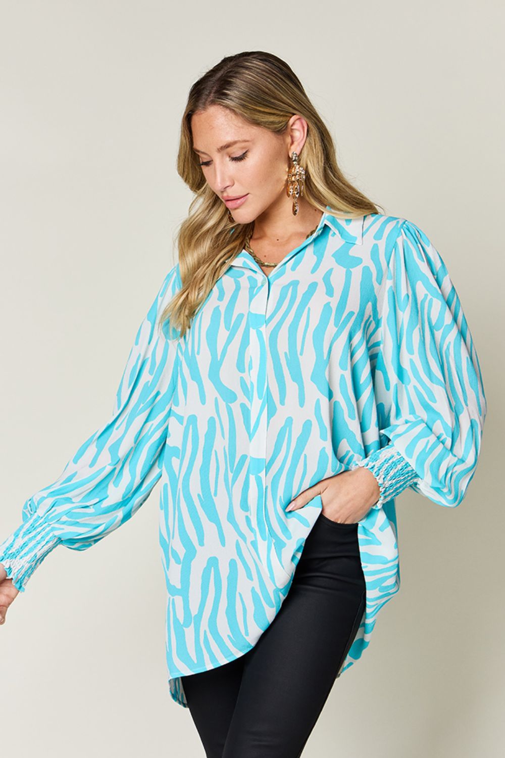 Double Take Printed Smocked Long Sleeve Blouse