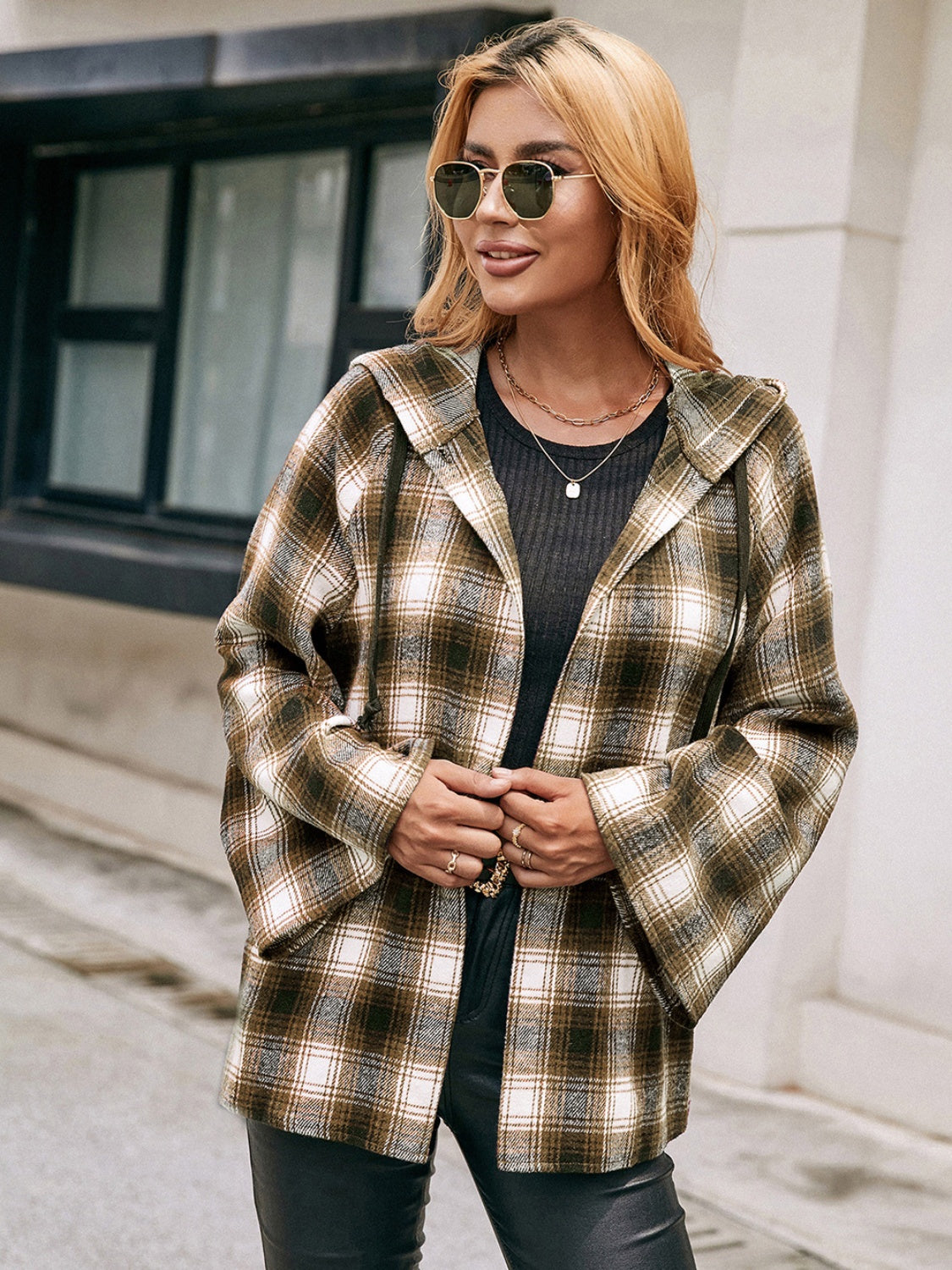 Ivy Lane Pocketed Plaid Long Sleeve Hooded Jacket