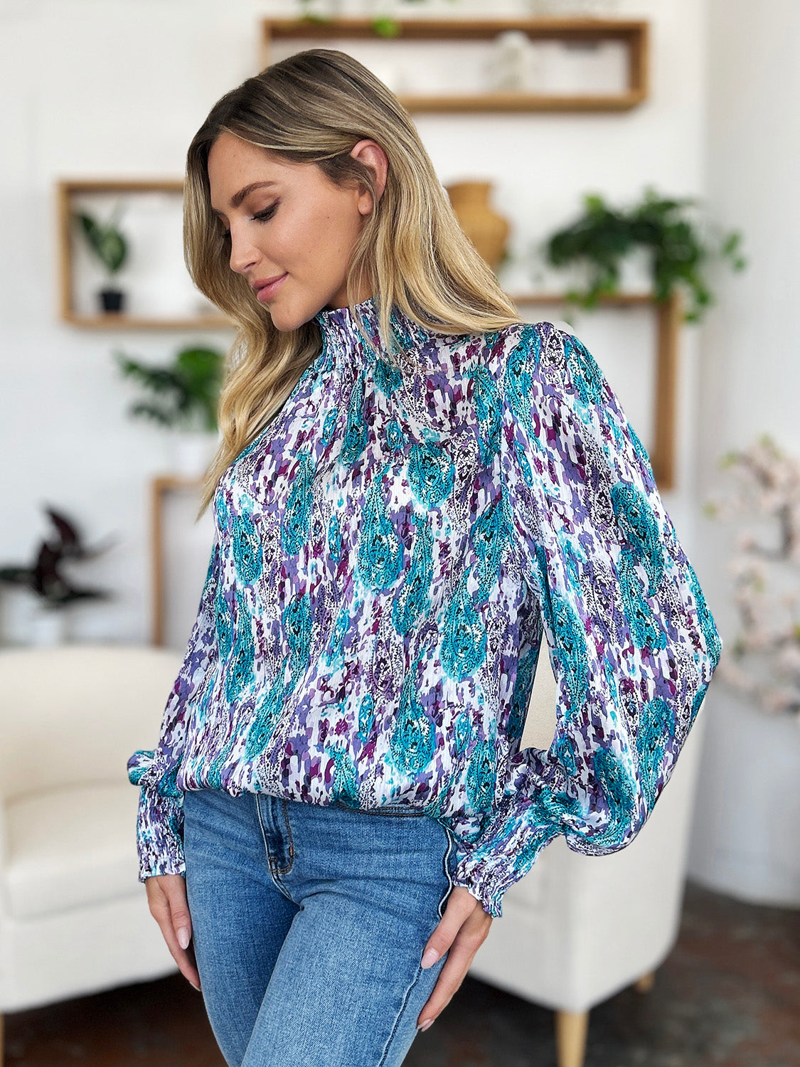 Double Take Printed Smocked Long Sleeve Blouse