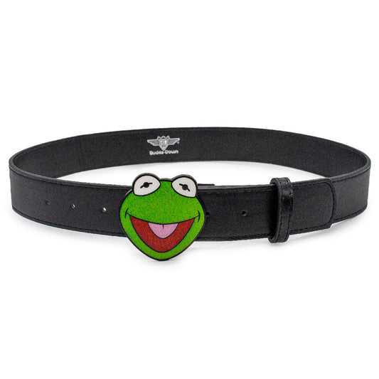 The Muppets Kermit the Frog Glitter Enamel Cast Buckle - 1.5 Inch Wide Black PU Strap Belt