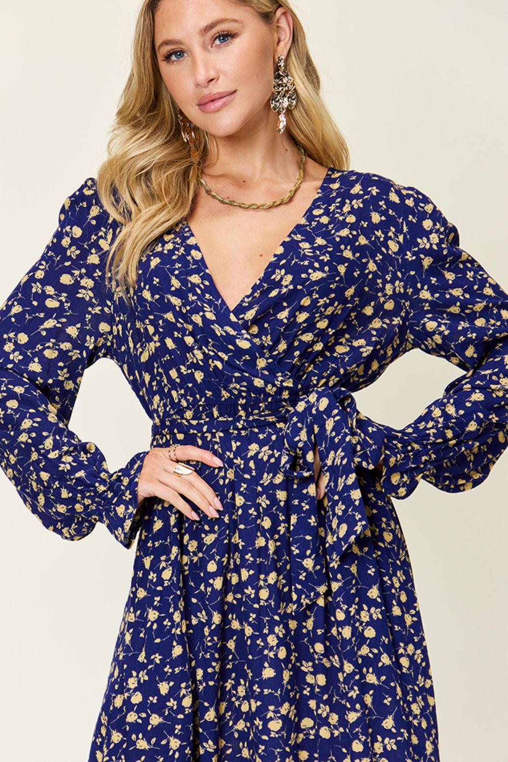 Double Take Tie Back Flounce Sleeve Dress