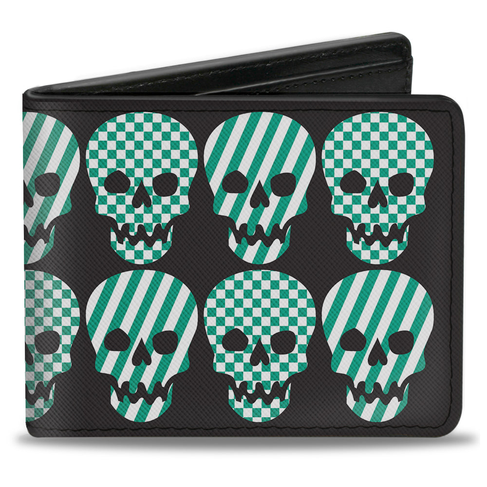 Bi-Fold Wallet - Checker & Stripe Skulls Black White Green