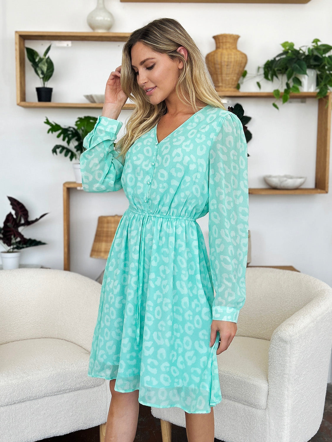 Double Take Printed Ruched V-Neck Long Sleeve Dress