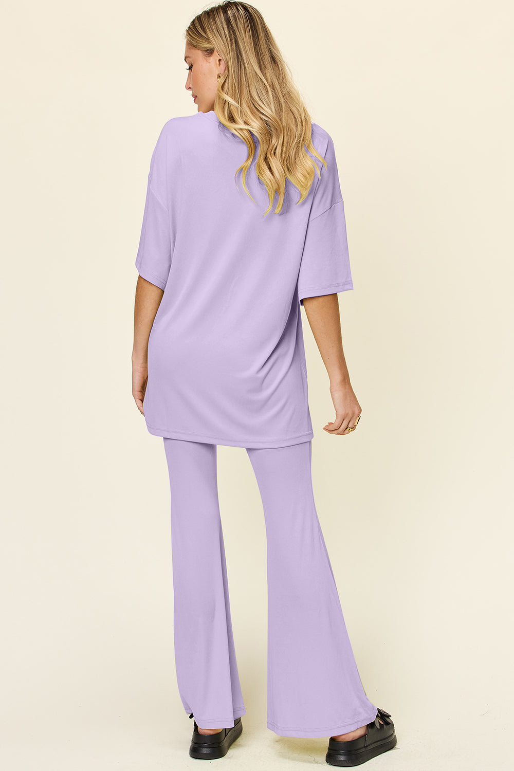 Double Take Round Neck Drop Shoulder T-Shirt and Flare Pants Set