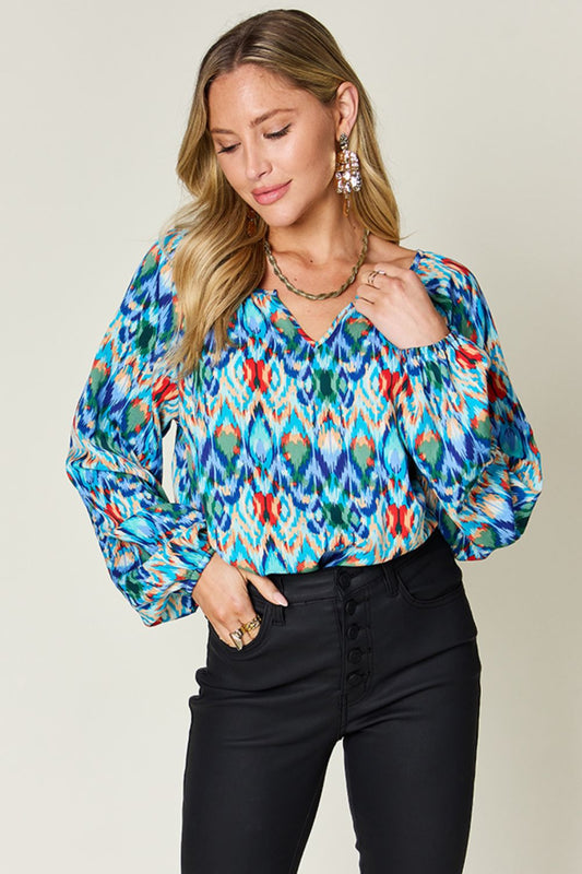 Double Take Printed Balloon Sleeve Blouse