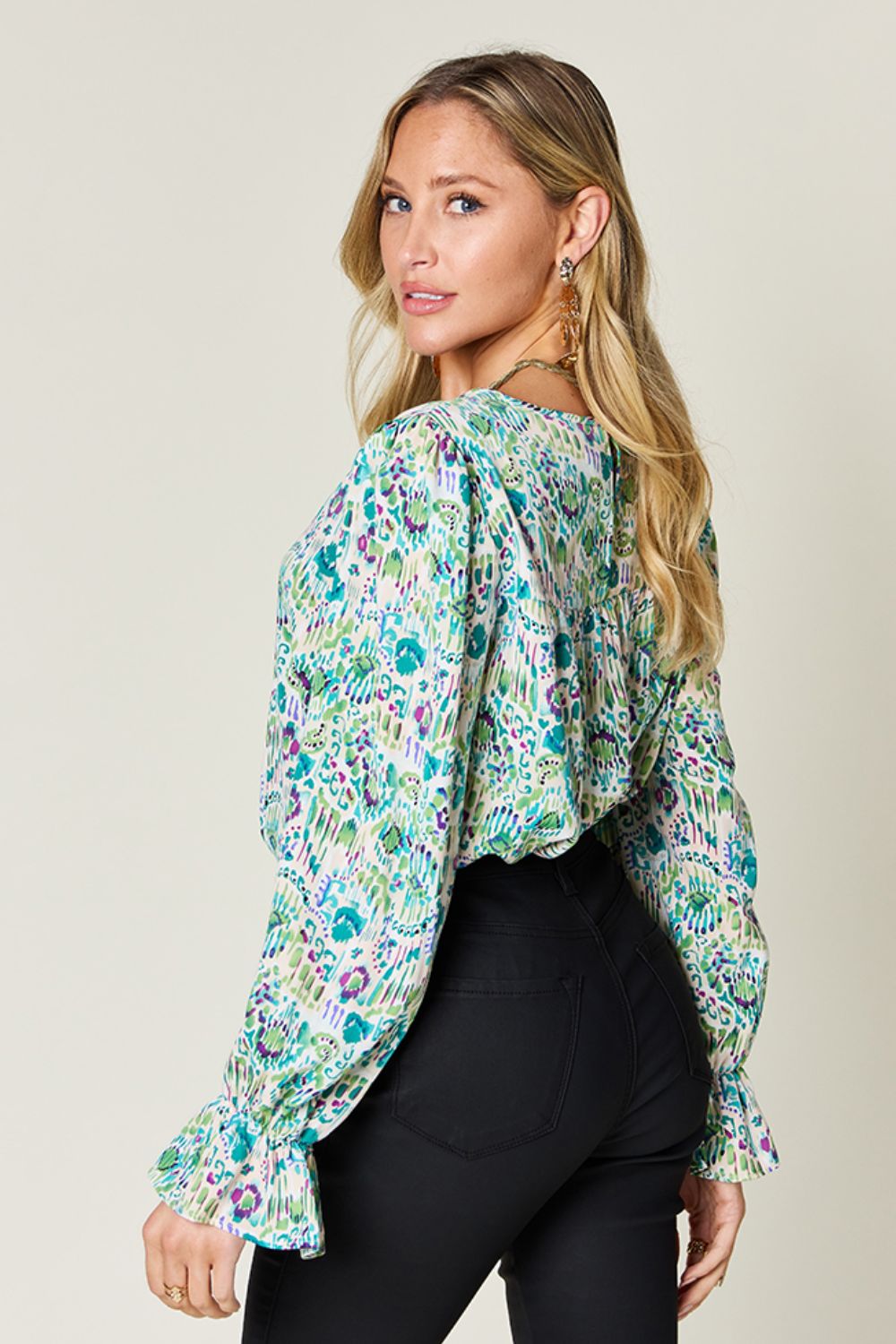 Double Take Printed Flounce Sleeve Blouse