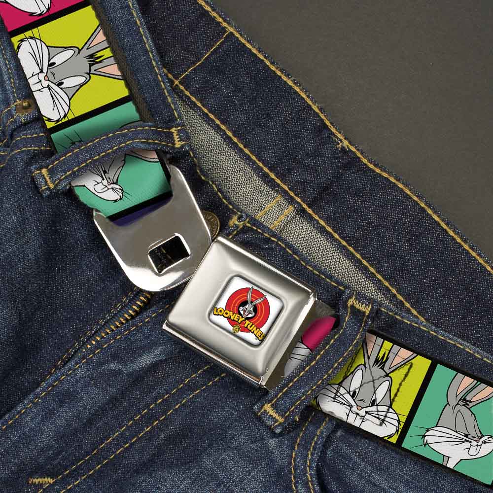 Looney Tunes Logo Full Color White Seatbelt Belt - Bugs Bunny Expression Blocks Multi Color Webbing