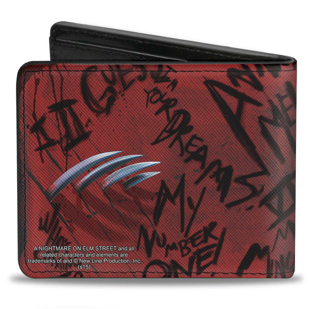 Bi-Fold Wallet - Freddy Pose2 + Hand Scratching Quote Scrawls Reds Black