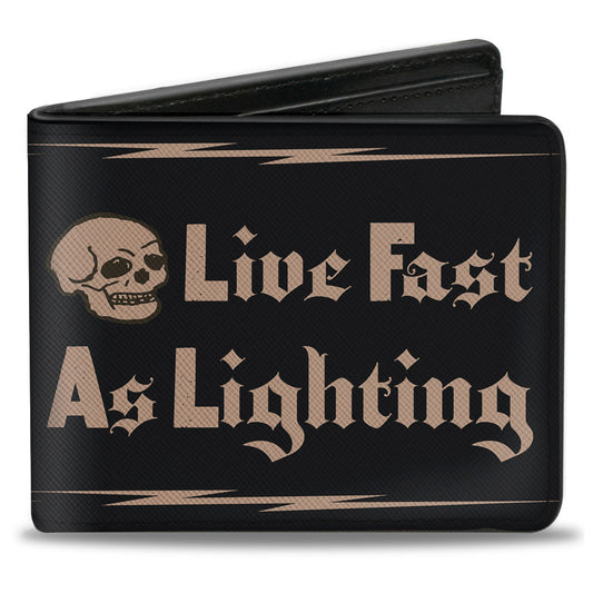 Bi-Fold Wallet - Buckle-Down Skull LIVE FAST AS LIGHTNING Black Light Orange