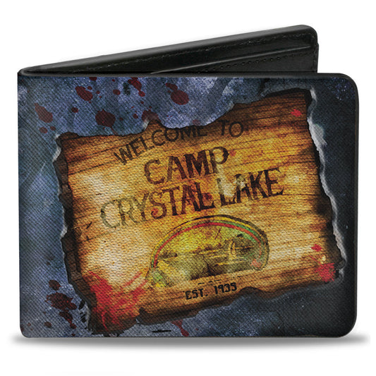 Bi-Fold Wallet - Friday the 13th WELCOME TO CAMP CRYSTAL LAKE Sign Trees Grays Blood Splatter