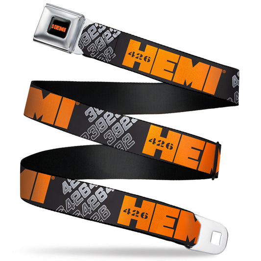 HEMI 426 Logo Full Color Black Orange Seatbelt Belt - HEMI 426 Logo 392/426 Black/Orange/Silver-Fade Webbing