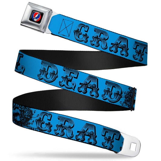 Steal Your Face Seatbelt Belt - Grateful Dead Text w/Skull & Roses Turquoise Webbing