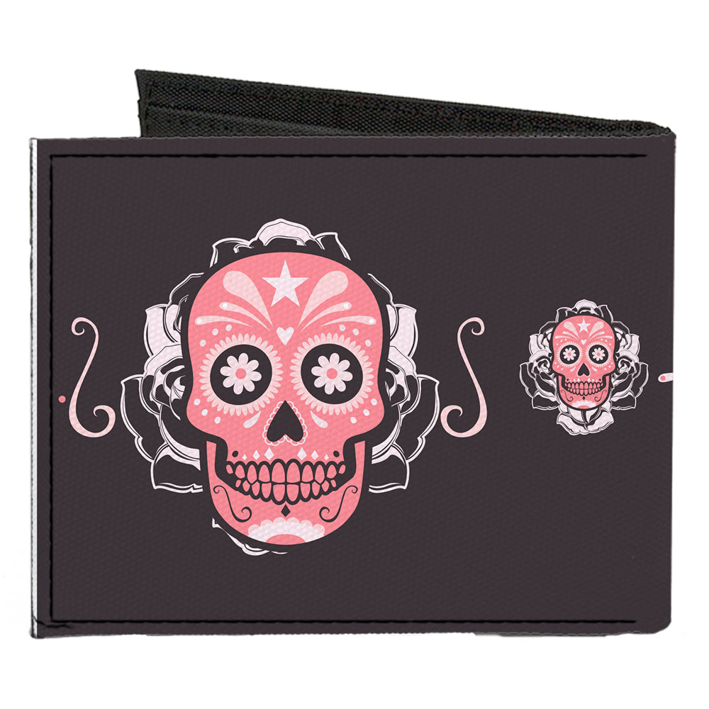 Canvas Bi-Fold Wallet - Sugar Skulls Gray Pink