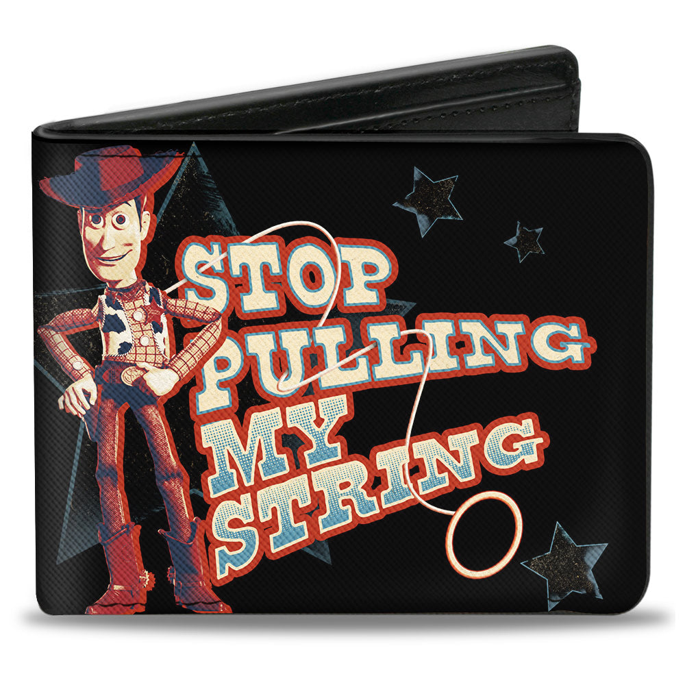 Bi-Fold Wallet - Toy Story Woody STOP PULLING MY STRING Pose + BEST IN THE WEST Black Blues Red