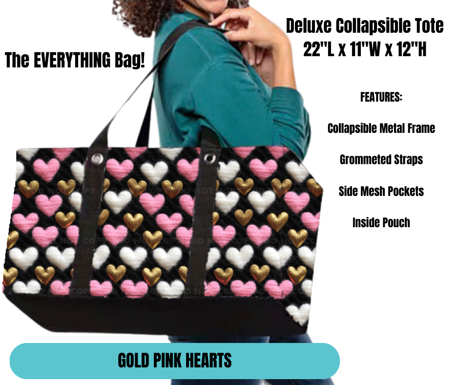 Preorder! Closes 11/18. ETA Feb. Gold Pink Hearts Collapsible Tote