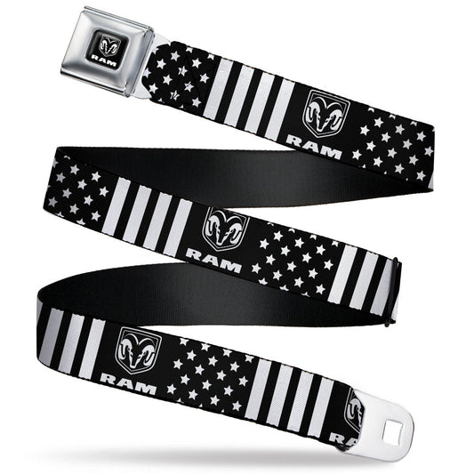 RAM Logo Full Color Black/White Seatbelt Belt - RAM Logo Americana Stars and Stripes Black/White Webbing